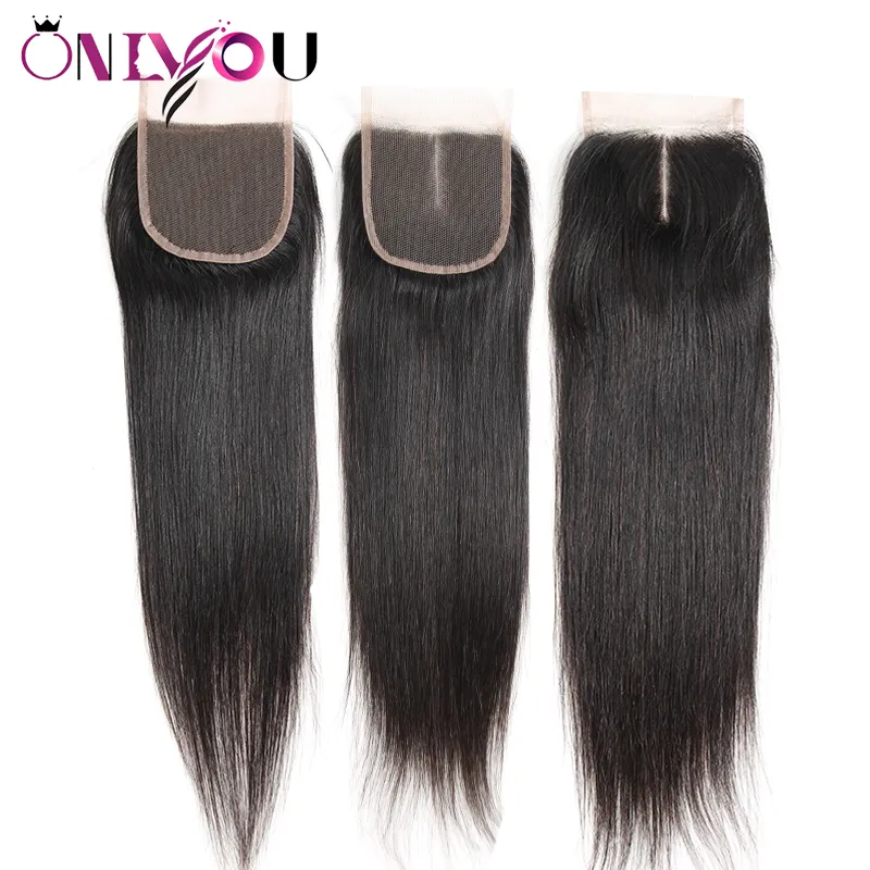 Brazilian Virgin Hair Straight Lace Closure 4x4 Free Middle Part Raw Indian Human Hair Extensions Top Closure Silky Straight Weaves Bundles