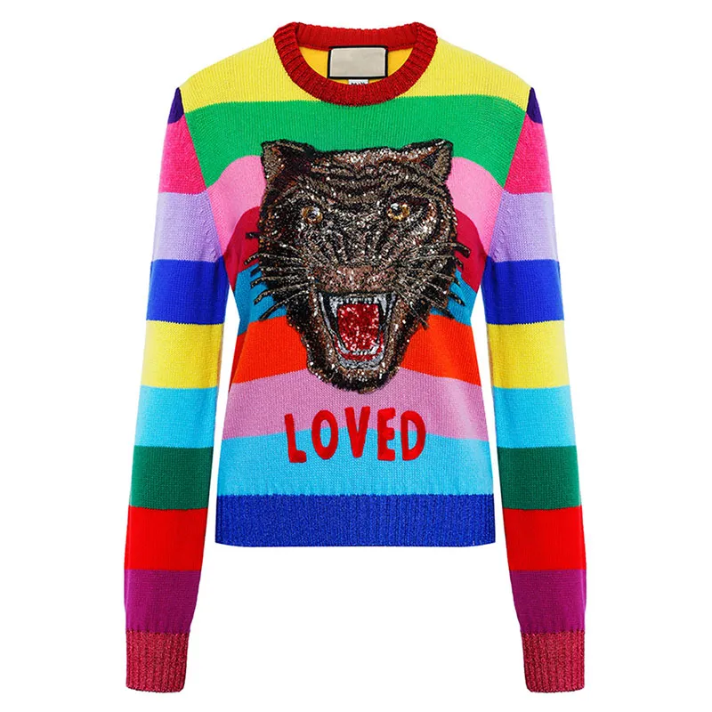 Designer Women's Sweaters Women Rainbow Pullovers Sweaters Femme Round Neck Emboridery Tiger LOVED Colourful Striped Long Sleeve Sweater Winter Knitted N2N2