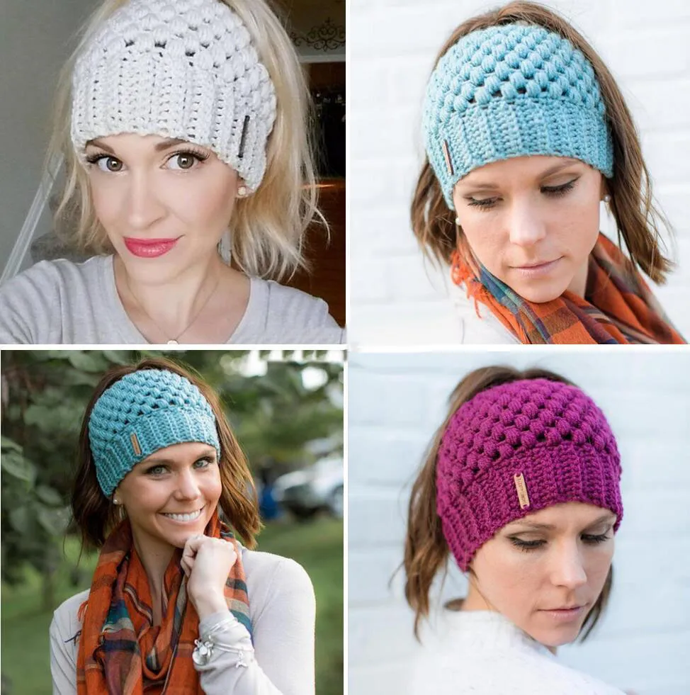 Nouveau femmes queue de cheval bonnets faits à la main trou arrière queue de poney tricoté chapeaux hiver chaud Crochet crâne bonnet 6 couleurs