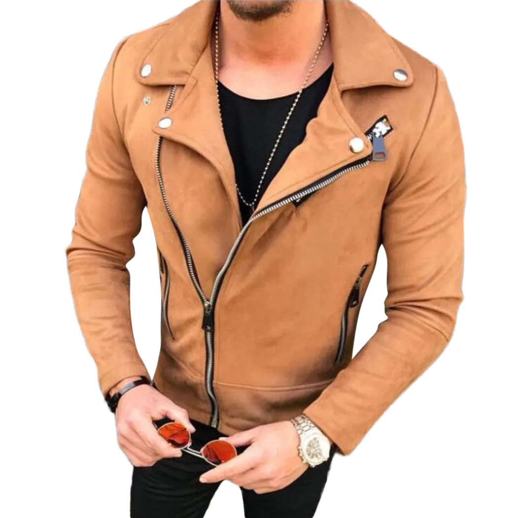 2018 Mens Suede Leather Jackor Fashion Lapel Zipper Slim Biker Jacket Outwear Hip Hop Coats Male Streetwear Men Kläder Casacos