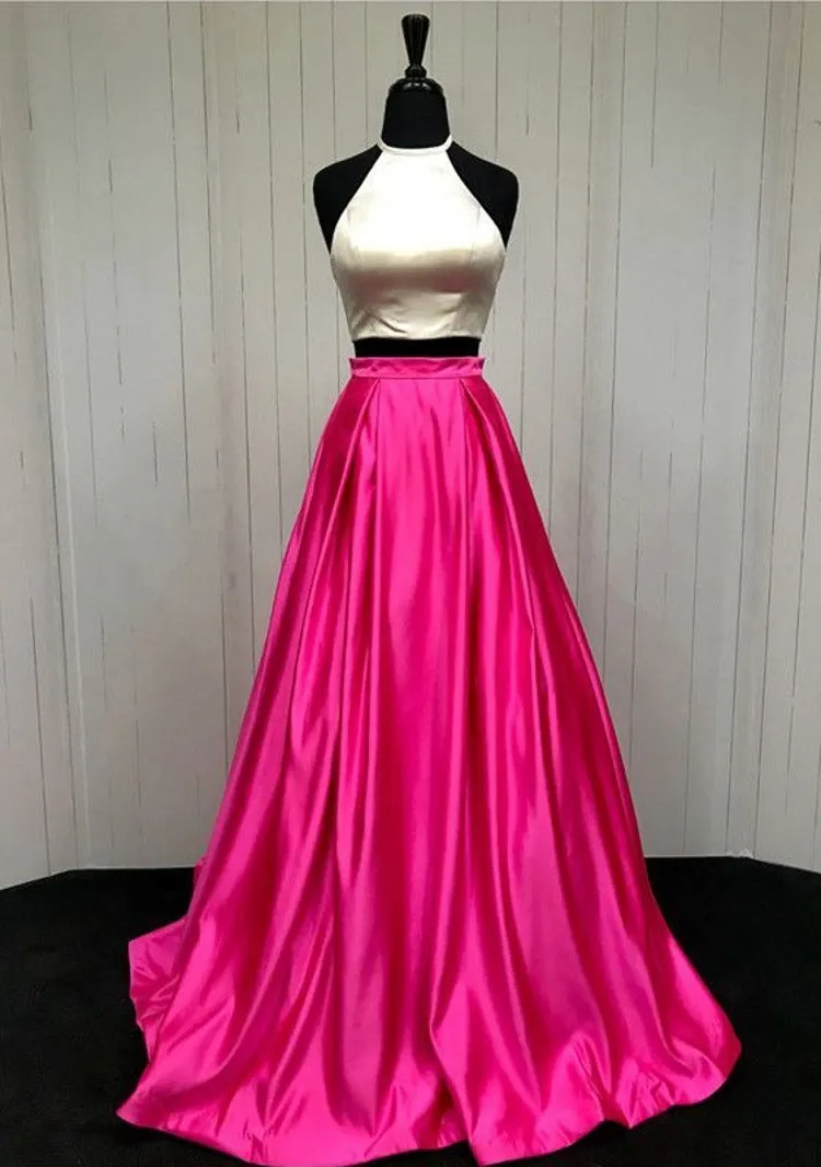 100% riktig bild! Två bit prom klänningar halter satin korsett spets upp backless examen klänningar vit rosa homecoming klänning