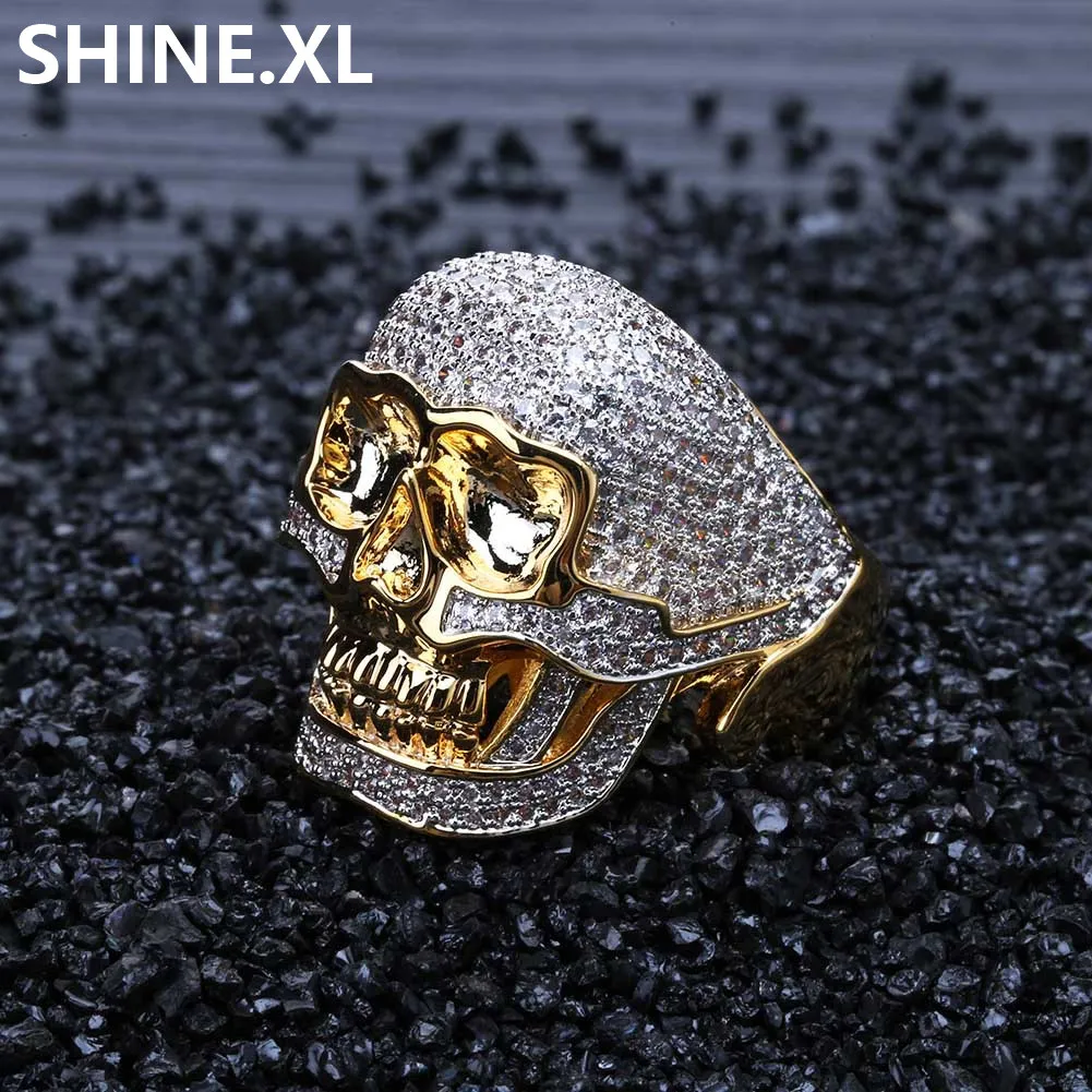 Hip Hop Ring Copper Gold Color Plated Iced Out Micro Paved CZ Stone Skull Ring for Men Women