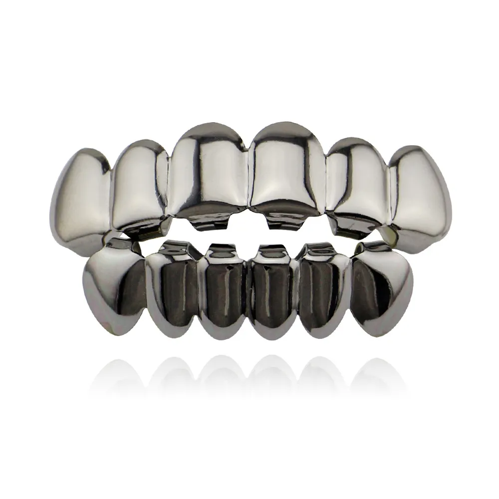 2022 6 Zähne Zähne Fangs Mode Gold plattiert Rhodium HipHop Zähne Grillz obere untere Rock Dentalgrillsets Halloween Requisis5300597