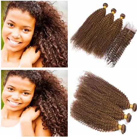 Kinky Curly # 6 Medium Brown Braziliaanse Virgin Hair 3 Bundel Deals met 4x4 Kantsluiting Gekleurde bruin Menselijk Haar Weave Bundels met Sluiting