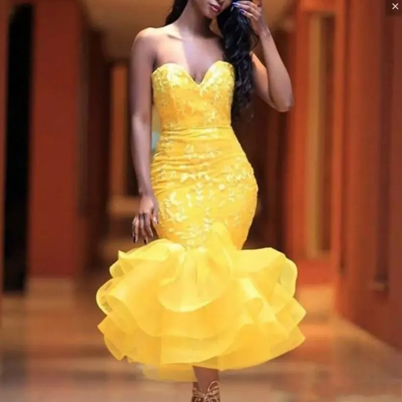 노란색 차 길이 인어 댄스 파티 드레스 아가씨 레이스 아플리케가 계층화 된 스커트 칵테일 파티 드레스 소녀 공식 착용 홈 커밍 드레스