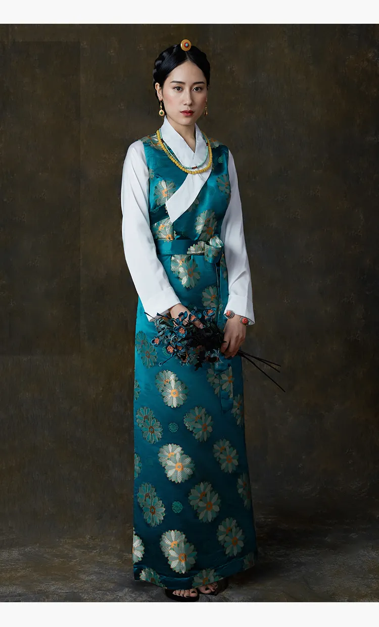 lhasa ruched dress Tibetan Lhasa dress: Silk Cotton Satin Flowers, Autumn Traditional Gown Robe for Unique Ethnic Minority Wear