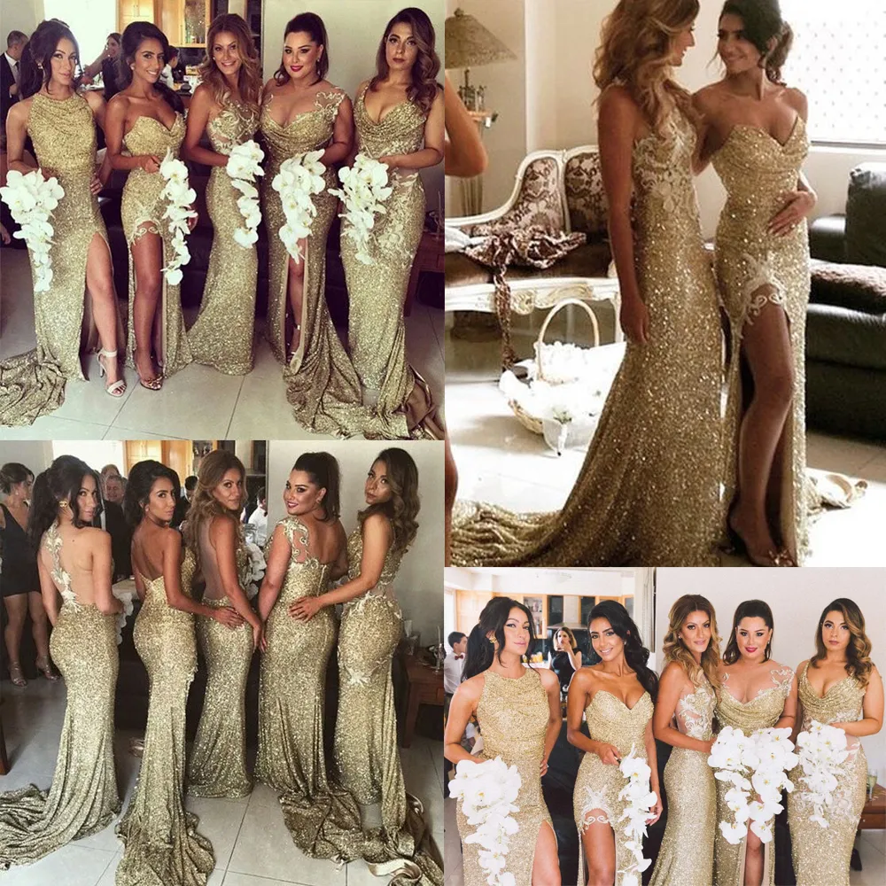 2018 Glamorous Mermaid Gold Rose Bridesmaids Dresses Mixed Styles Side ...