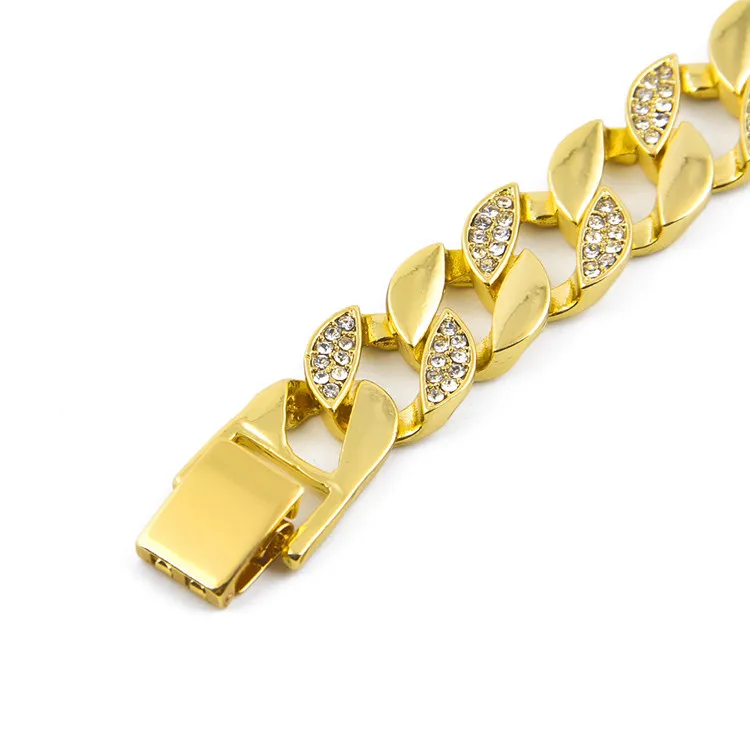 Miami Curb Cuban Link Pulsera para hombre Cadena Acero inoxidable Hip Hop Iced Out Color dorado 8 pulgadas * 1.5 cm