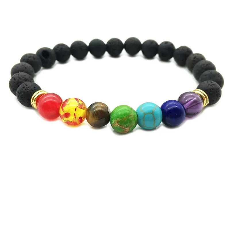 Bracelet de pierre volcanique de lave noire 7 Chakra, Bracelet de Yoga en pierre naturelle, Bracelet de perles de bouddha équilibre de prière Reiki de guérison