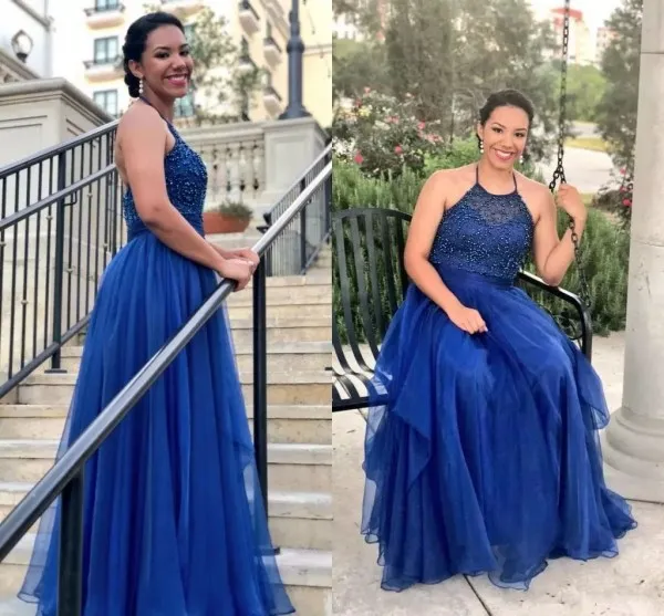 Plus Size Royal Blue Prom Dresses 2018 New Halter Neckline Beaded Bodice A Line Floor Length Chiffon Formal Dresses Evening Plus Size