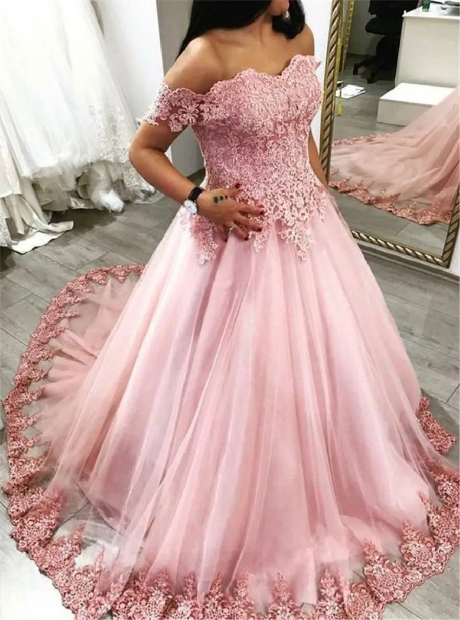 Elegant Off-Shoulder Pink Prom Gown: Applique Lace Ball Gown, Sexy