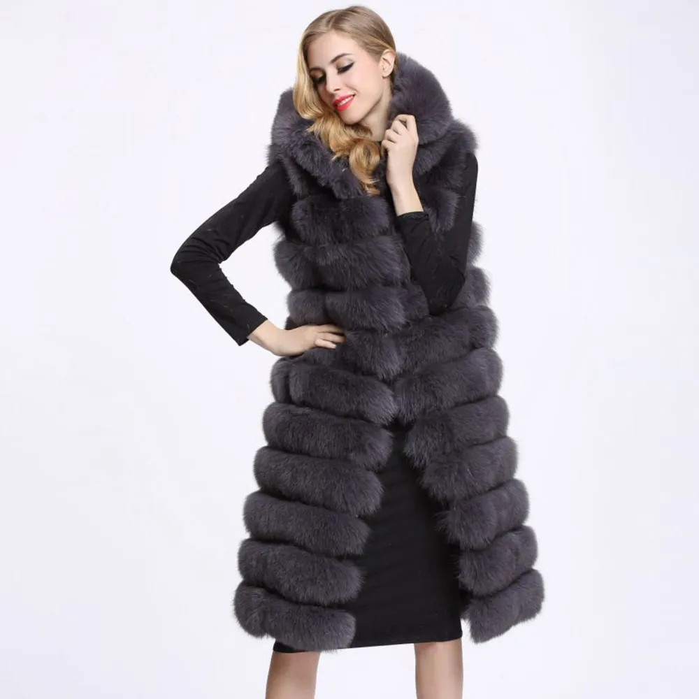 Winter Woman Long Faux Fur Vest High Quality 11 Lines Hooded Female Fur Clothing Warm Outwear