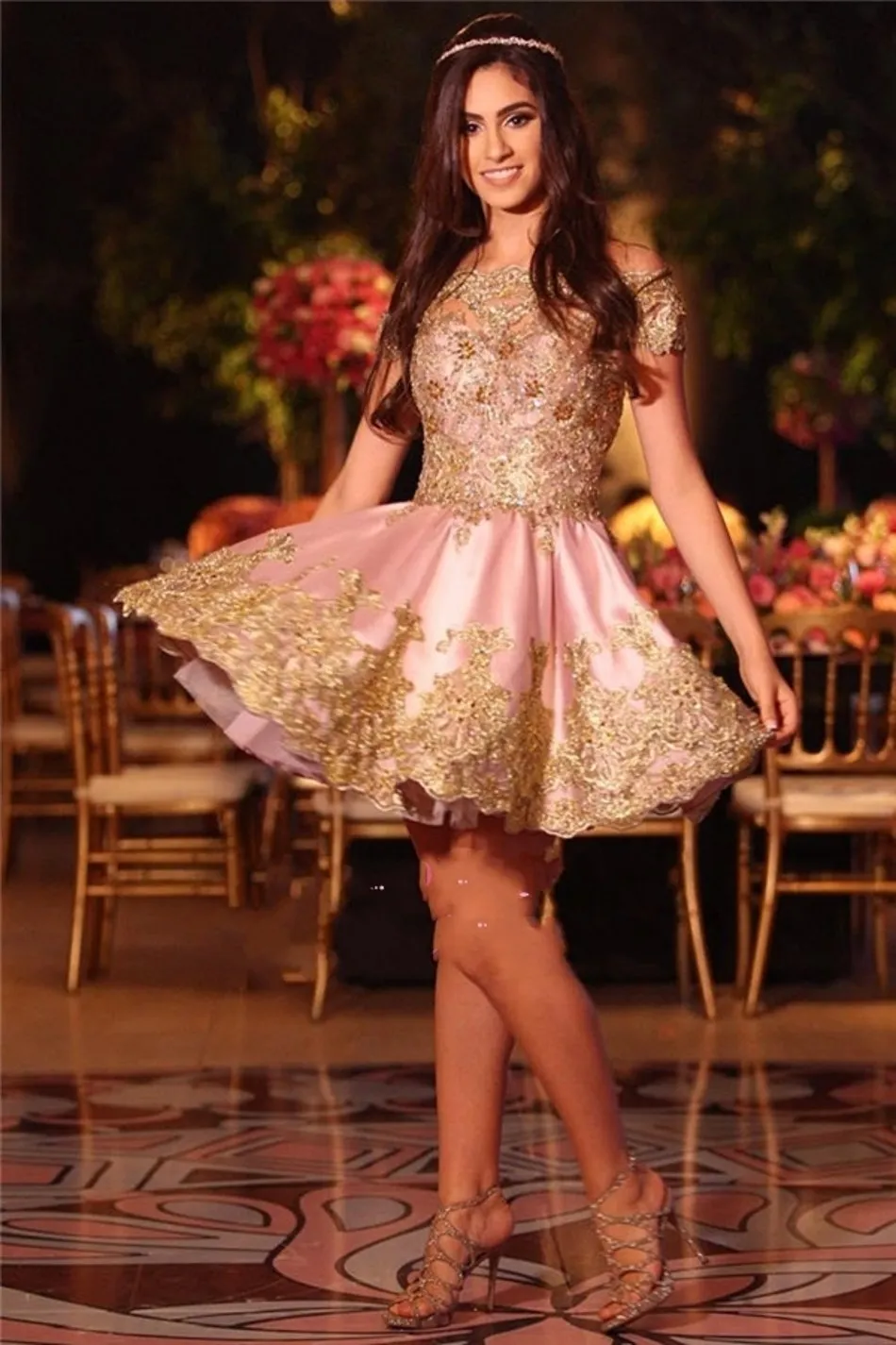 Lace Appliques Short Prom Dresses Online Gold On Pink Off The Shoulder Lovely Homecoming Dress With Sleeves
