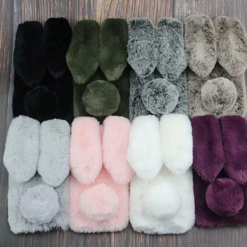 3D Rabbit Ear Genuine Hair Cases For iPhone 15 14 Pro 13 12 11 XR XS MAX Samsung Galaxy Note 20 S22 S23 Tail Fluffy Fur Cover Soft TPU Gel Plush Girl Lady Back Skin
