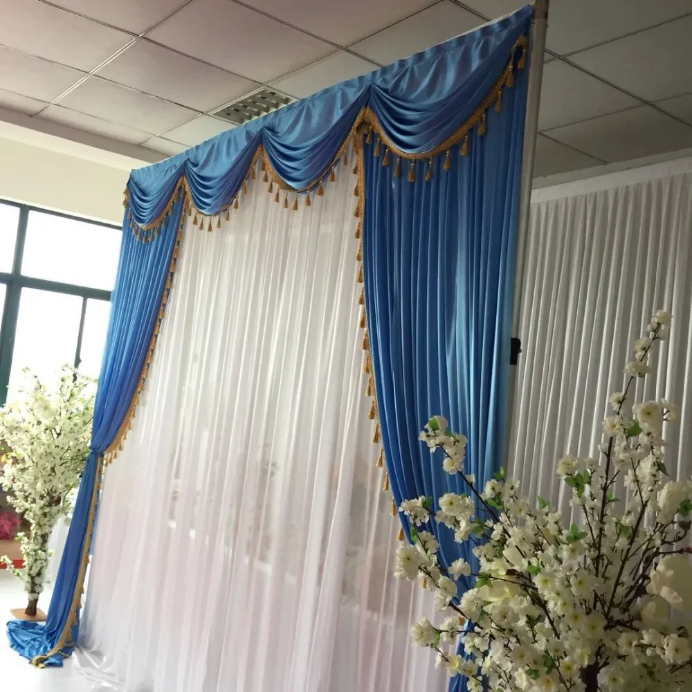 Hot Sale Blue & White Ice Silk 3mx3m Swags Drapes With Tassels For Wedding Backdrop Wedding Curtain