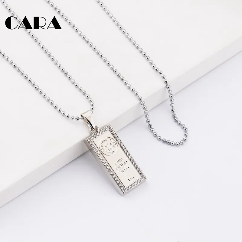 CARA 2017 New Fashion Summer square 999 fine gold color dog tag necklace rhinestones ball chain necklace gift men women CAGF0135