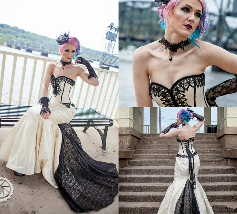 Goth gotik gelin steampunk elbisesi cadılar bayramı düğün tatlım dantel yukarı süpürme treni saten robe de mariee süpürme treni artı boyutu elbise