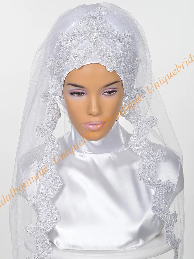 Мусульманские свадебные свадьбы Hijab 2019 с блестками серебряные кружевные аппликации реальные фотографии локтя длина исламская свадьба вуаль