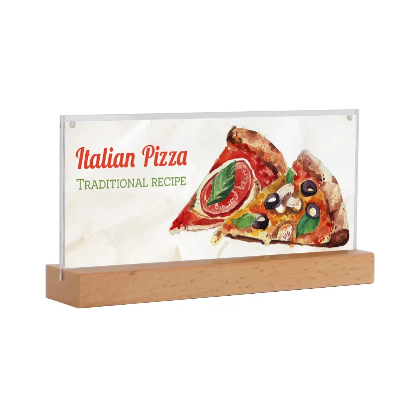 Wholesale 100*200mm Wooden Base Acrylic Table Menu Sign Holder Meat
