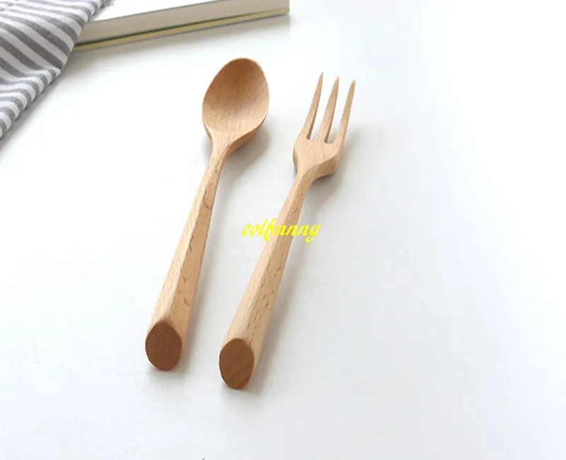 / parti 19cm Naturfärg Trigonometriskt handtag Träsked gaffeltråddon Condiment Utensil Kaffe Spoon Forks