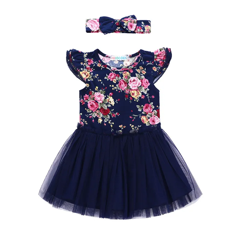 Babykleidung 2018 Neueste Baby Mädchen Kleid Mode Blumen Gedruckt Gaze Kleid + Stirnband 2 Stücke Neugeborene Kinder Mädchen Exquisite Prinzessin Kleider