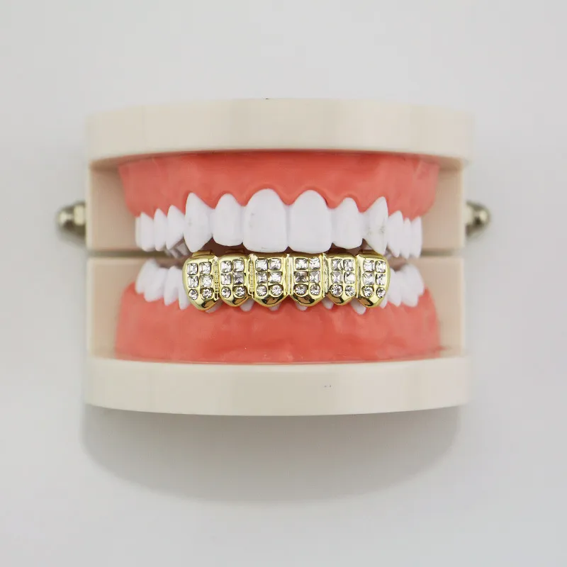Zähnekappen Dental Grills Kristall Inlay Top Boden Mund Grillgold Gold Farbe Hiphop Zahn Grillz Männer Körper Schmuck