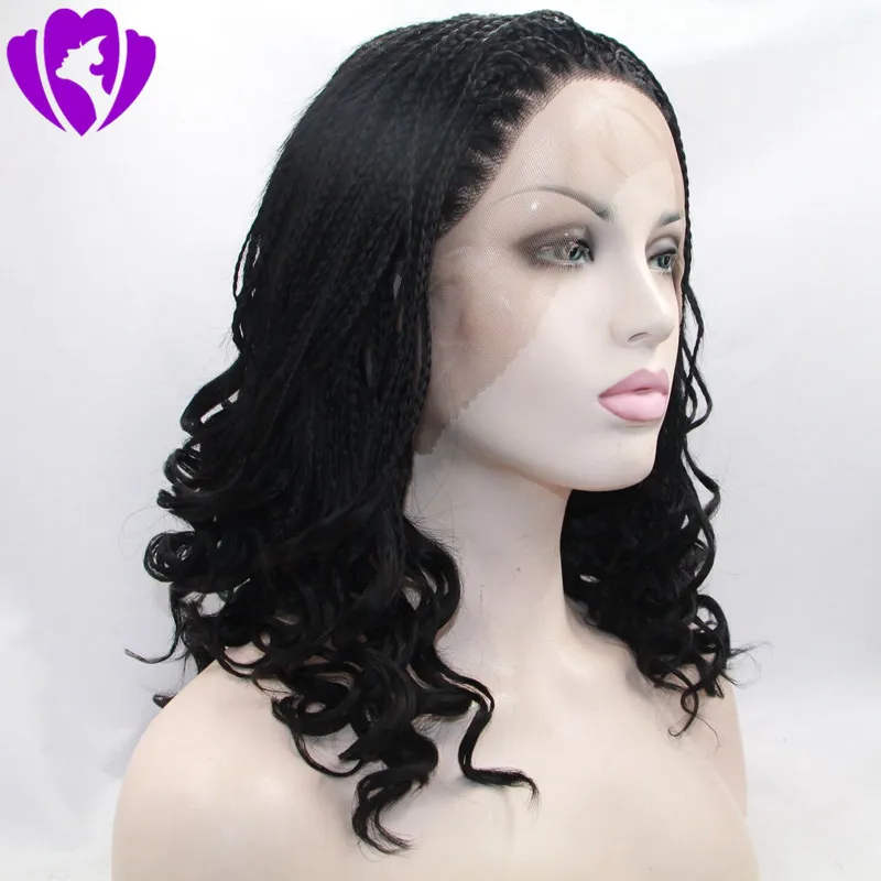 Fullly handmade Short Braids Wig 16inches Box Braided Wigs For Women Heat Resistant Fiber Synthetic Lace Front Wig 1b dark brown 3482770