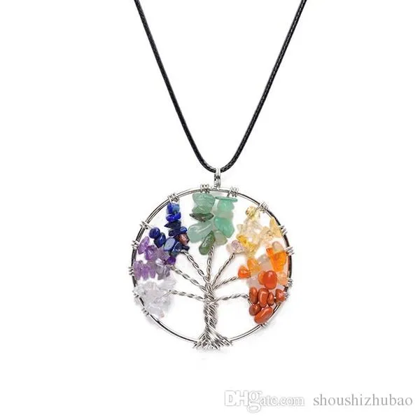 Vintage Women`s Girl Natural Crystal Quartz Gemstone 7 Chakra Healing Tree of Life Pendant Necklace Jewelry Gift Hot