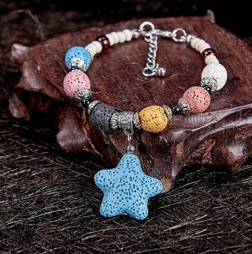 Pulsera de cuentas de piedra de Lava Natural coloreada a la moda, difusor de aceite esencial de Perfume, pulsera, dijes de estrella, accesorios, joyería para mujer