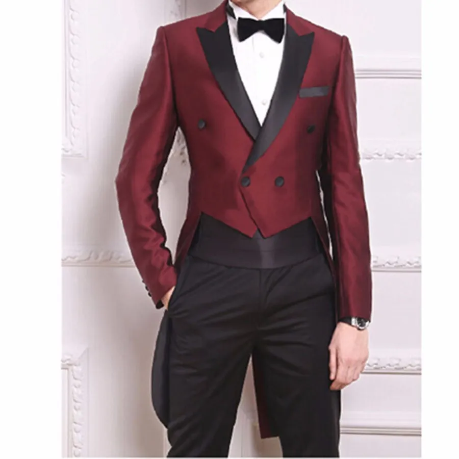 Mode burgundy tailcoat män bröllop tuxedos dubbel-breasted center ventil brudgum tuxedos män formell middag prom kostym (jacka + byxor + slips + girdle)