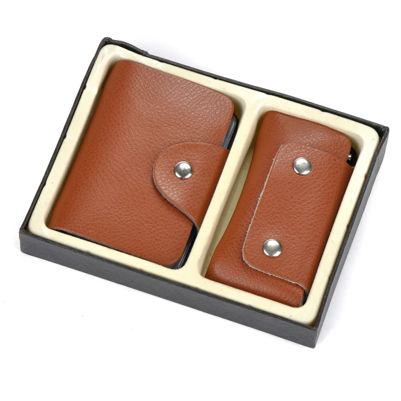 hot sale 26 slots fashion new ID bank card case wallet plain leather 2 pcs set key bag business card holder