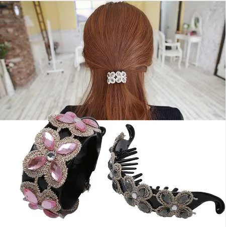 Women Rhinestone Gem Flower Hair Clip Claw Scrunchie Ponytail Hairband Holder