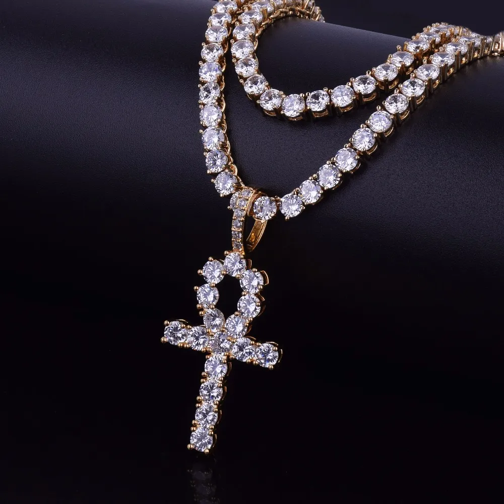 Mäns / Kvinnor Hip Hop Smycken Zircon Ankh Cross Pendant Halsband 3mm Tennis Chain Bling Cubic Zircon för presentfall