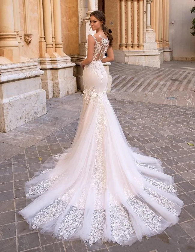 Splendida sirena 2019 abiti da sposa in pizzo trasparente scollo a V maniche ad aletta abiti da sposa bohémien appliqued plus size abiti da nnovia