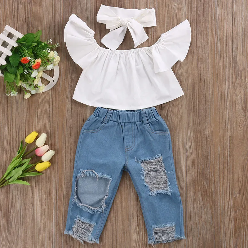 New Fashion Children Girls Clothes Off Shoulder Crop Tops White+ Hole ...