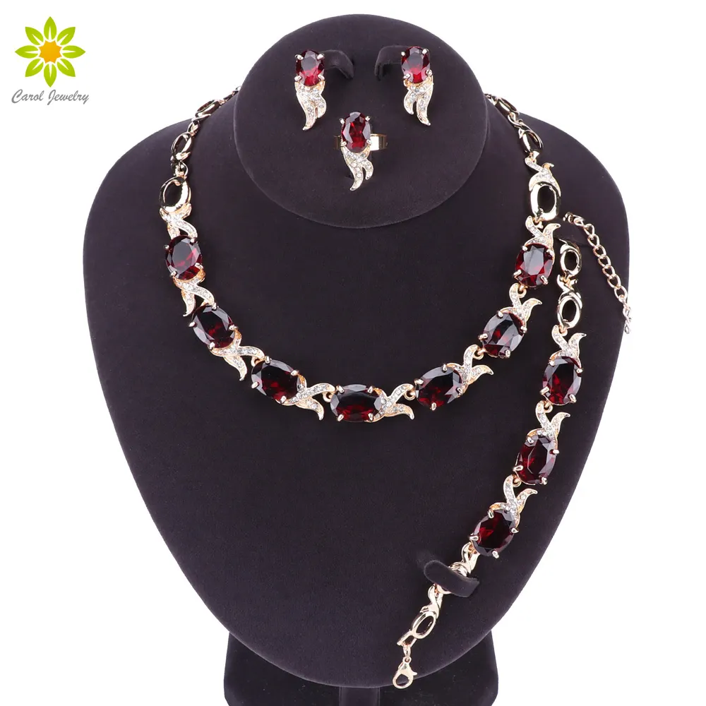 Conjunto de jóias de cristal de nupcial de ouro para mulheres originais redondas pedras vermelhas pulseiras / brincos / pingente / colar / anel