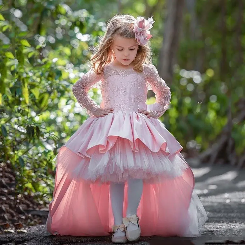 Flower Girls Dresses 2024 Long Sleeve Pink Party Gown with Bow