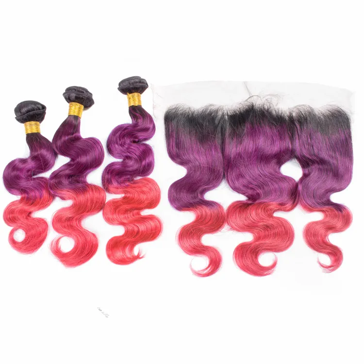 #1B/Purple/Pink Ombre Brazilian Body Wave Virgin Human Hair 3Bundles with Frontal Three Tone Ombre 13x4 Lace Frontal Closure with Weaves