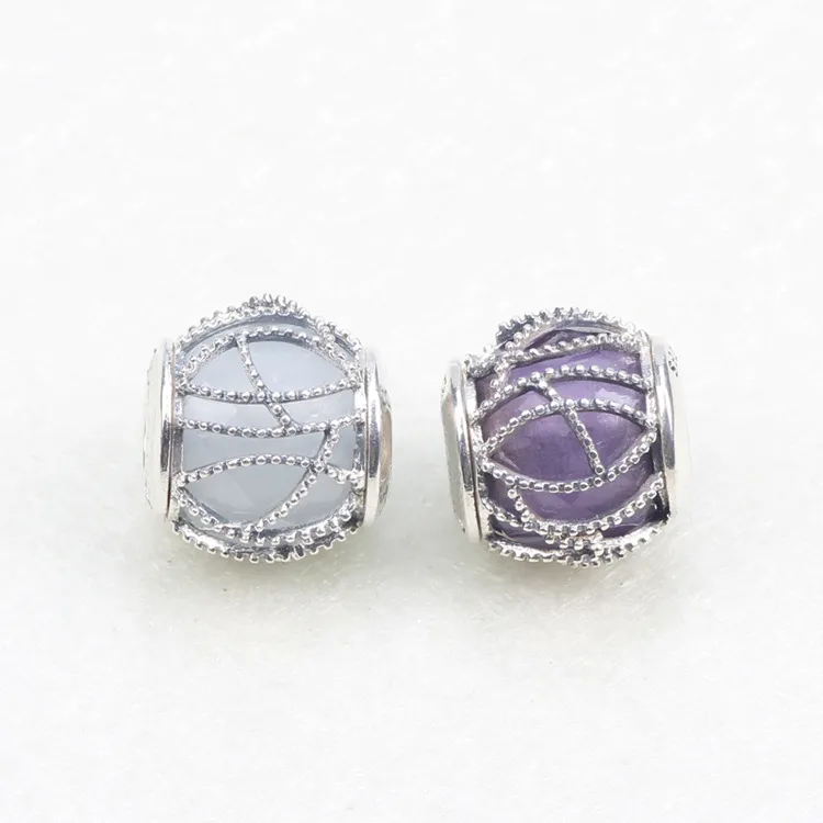 100 % 진짜 925 스털링 실버 퍼플 CZ Crystal Charms Original Box With Pandora Silver Charms 브레이슬릿 쥬얼리