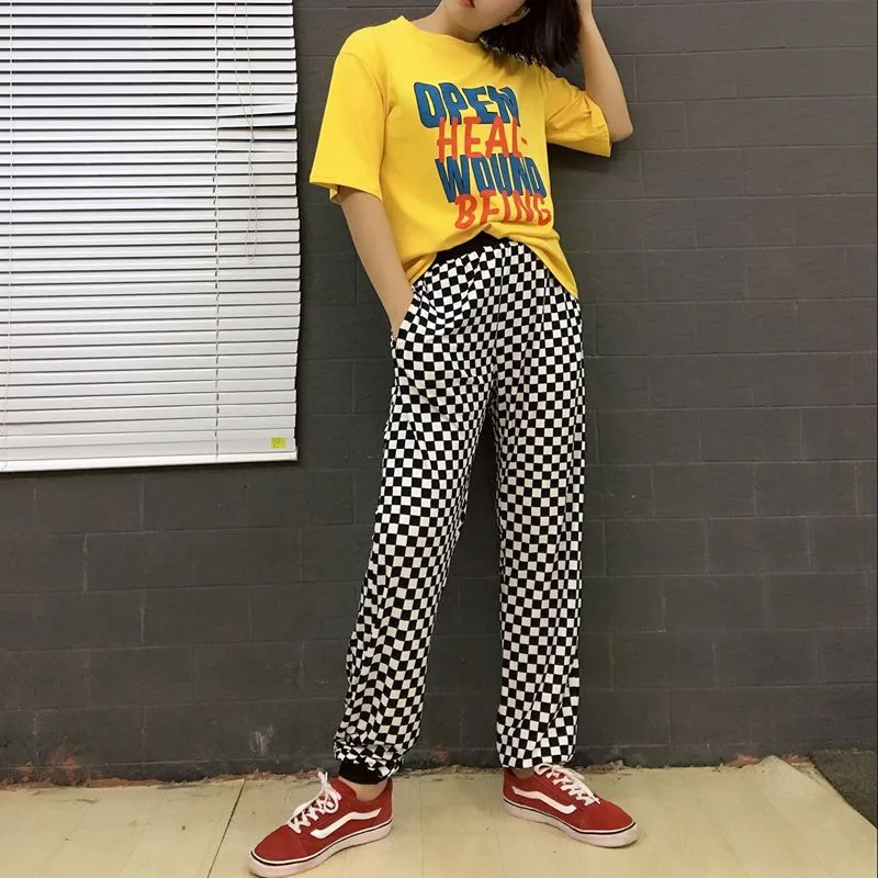 2017 Unisexe Harajuku Femmes Hommes Plaid Décontracté Pantalon Taille Élastique Pantalon Pantalon Punk Pantalon De Jogging À Carreaux Pantalon hiphop femme