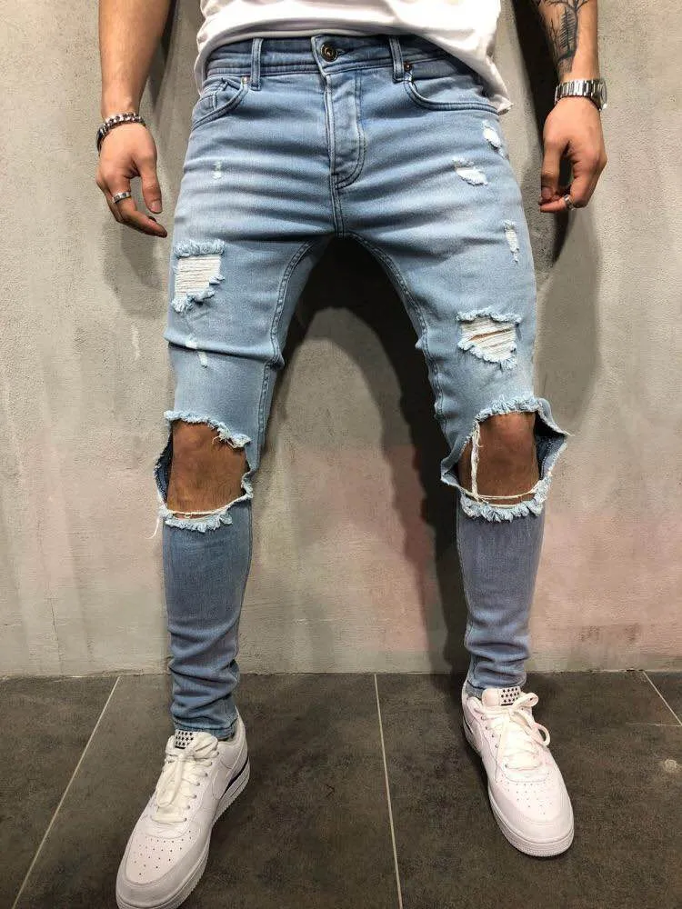 Roupas masculinas New Pants Destruído magro dos homens Denim Hetero motociclista Skinny Jeans homens Ripped Jeans Nova