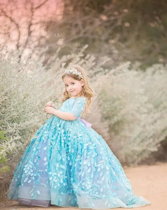 Aqua Blue and Lavender Birthday Jurken 2018 Fairy Applicaties Couture Flower Girl Dress Lovely 1/2 Lange mouwen Baljurk Toddler Pageant Dres