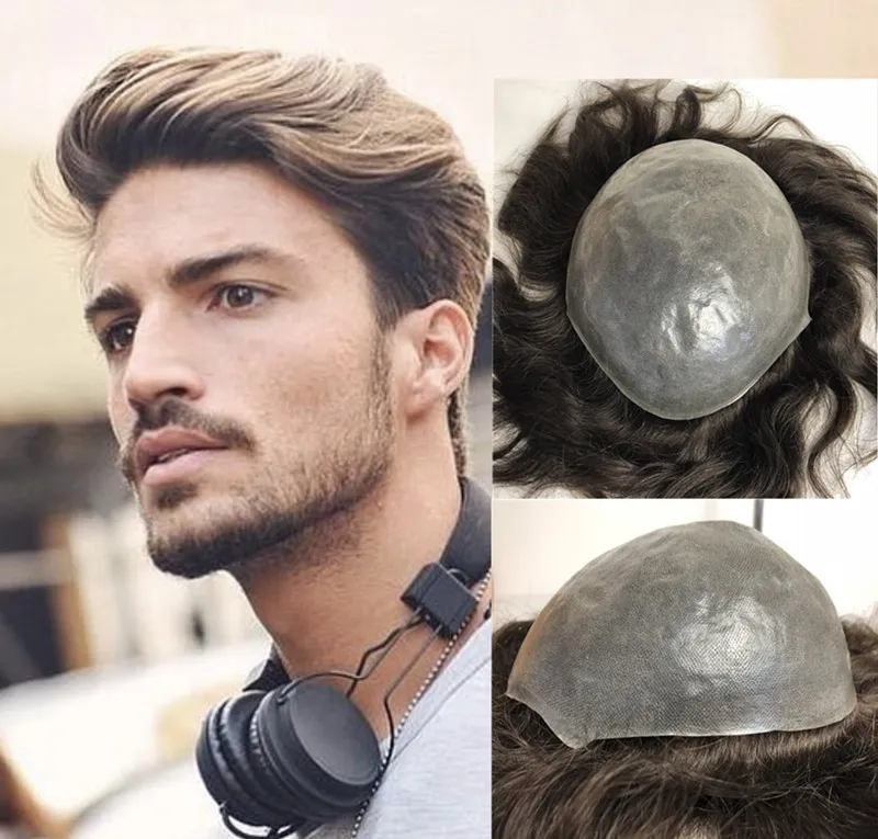 Capelli umani Mens Toupee Full Pu Men Wigs 10 * 8 pollici Brown Thin Skin Pu Hairpieces Replacement Systems # 2 Remy Men Hair Free Style