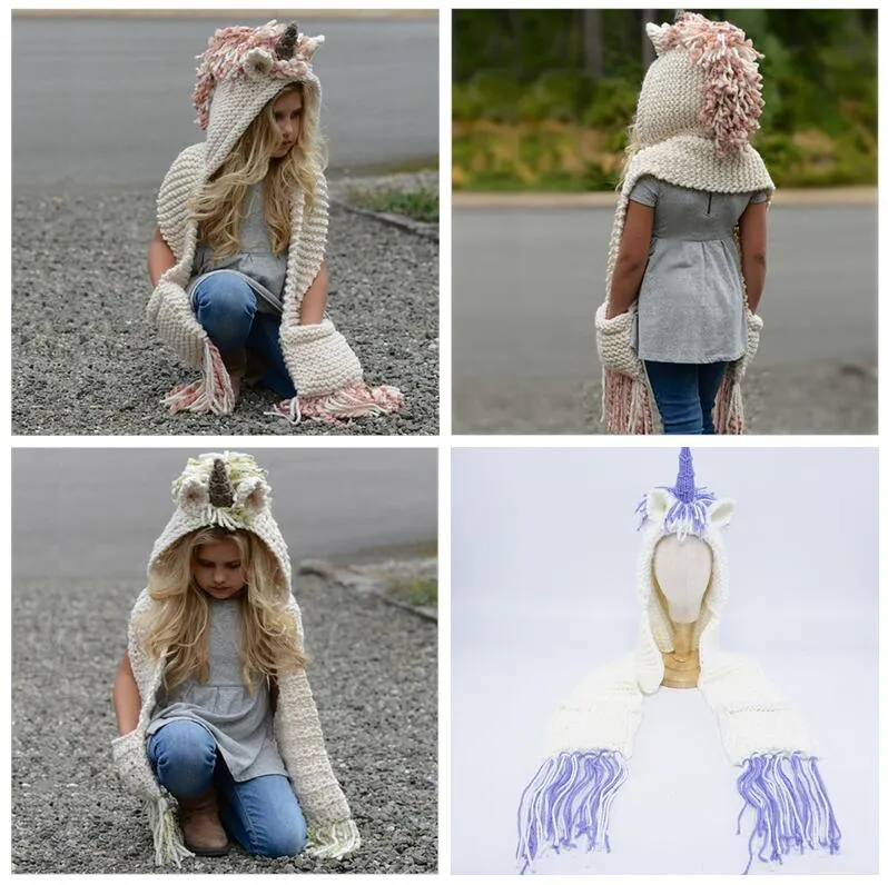 AMUSE 2 in 1 berretto sciarpa unicorno Bambini Infant Lama Cappelli lavorati a maglia caldi Bambini scaldino del fumetto Cappello invernale all'uncinetto 5 pezzi 3 colori AAA1013