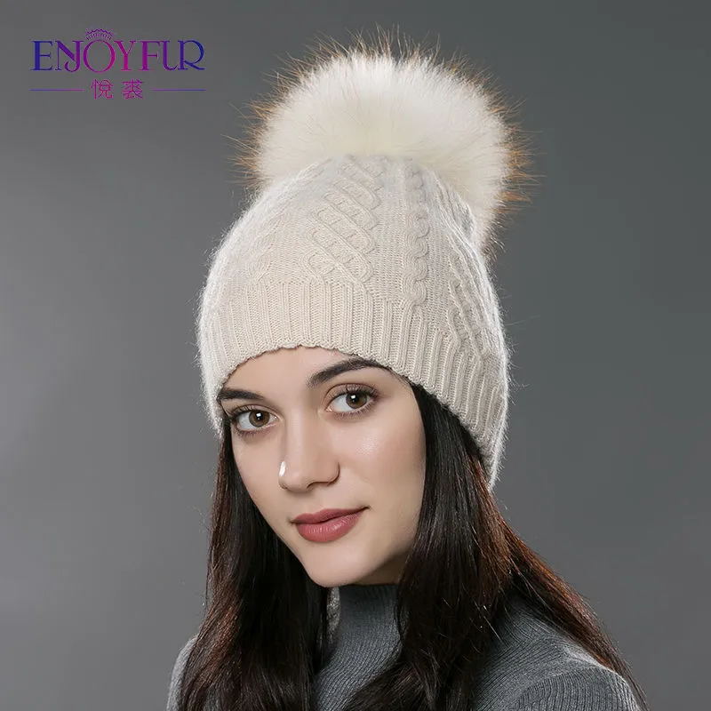 ENJOYFUR Winter fur pompom hat for women cashmere wool cotton hat Big Real Raccoon fur pompom Beanies cap bobble