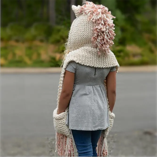 Kinder Häkelgarn Einhornschalkappen 2 in 1 Mädchen Infant Cartton Warm gestrickte Hüte wärmer Winter Beanie Hut Quasten Kappen für 3-12t