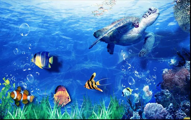 Papel de parede do assoalho para o quarto das crianças Sea Turtle Dolphin Fish Tropical Underwater World Fashion Piso 3D