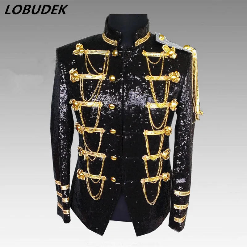 Men Court Jacket Singer Dancer Sequins Metal Chains Military Uniform male Stand Collar Stage Blazer Prom Party Shining Coat Bar Star Concert Nightclub Costumes