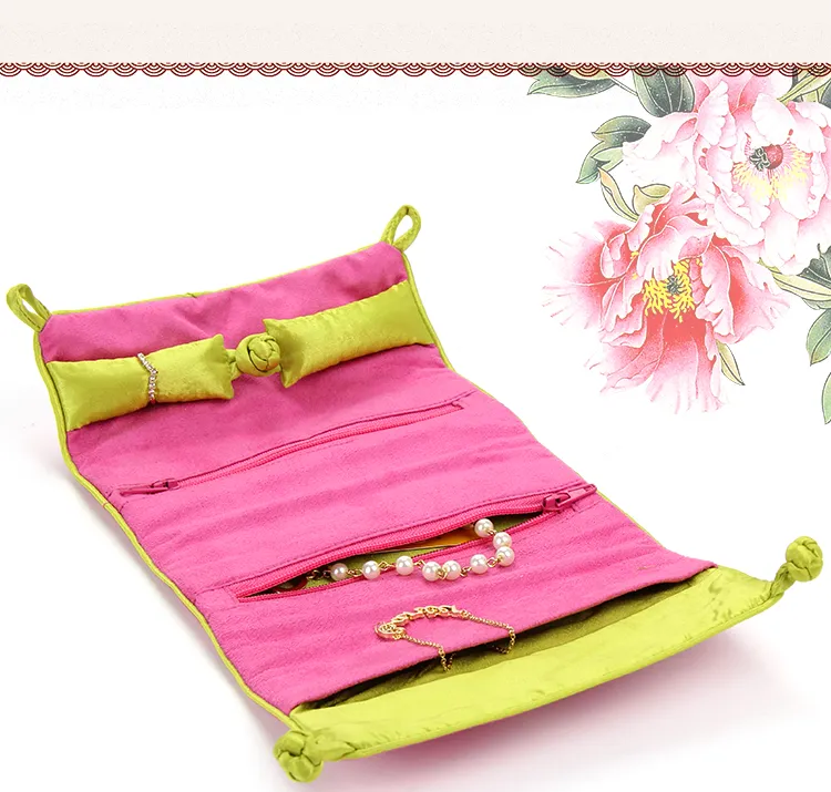 Portable Suede Leather Jewelry Roll Up Travel Bag Folding Embroidered flower Chinese Jewelry Bags Pouch 