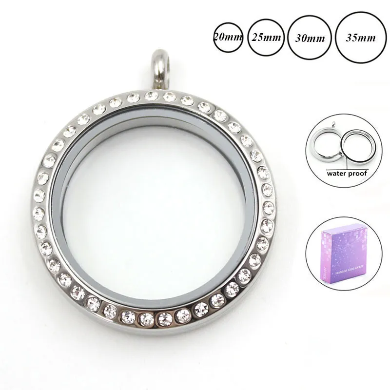 Su geçirmez Locket 20mm / 25mm / 30mm / 35mm Gümüş Renk 316L Paslanmaz Çelik Büküm Bellek Lockets Kolye